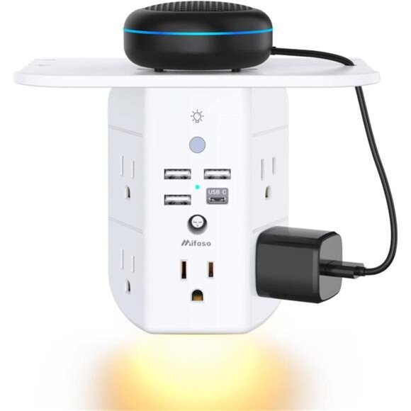 Wall Outlet Extender with Shelf and Night Light,Surge Protector,USB Wall Charger - Picture 1 of 6